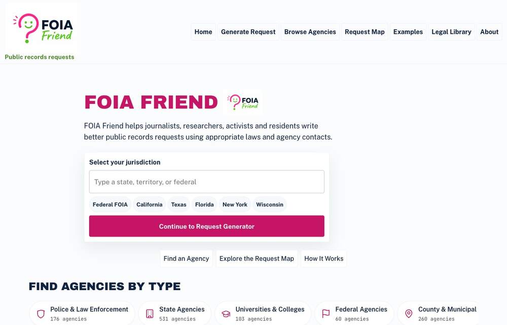 FOIA Friend homepage: a public-records request assistant with a jurisdiction picker, quick-select chips for Federal FOIA and several states, and agency categories with counts.
