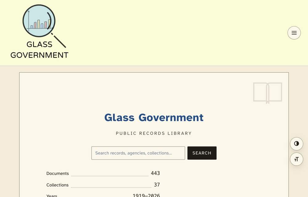 Glass Government homepage: a cream public-records library with a large search bar reading Search records, agencies, collections, and live counts of 443 documents and 37 collections.