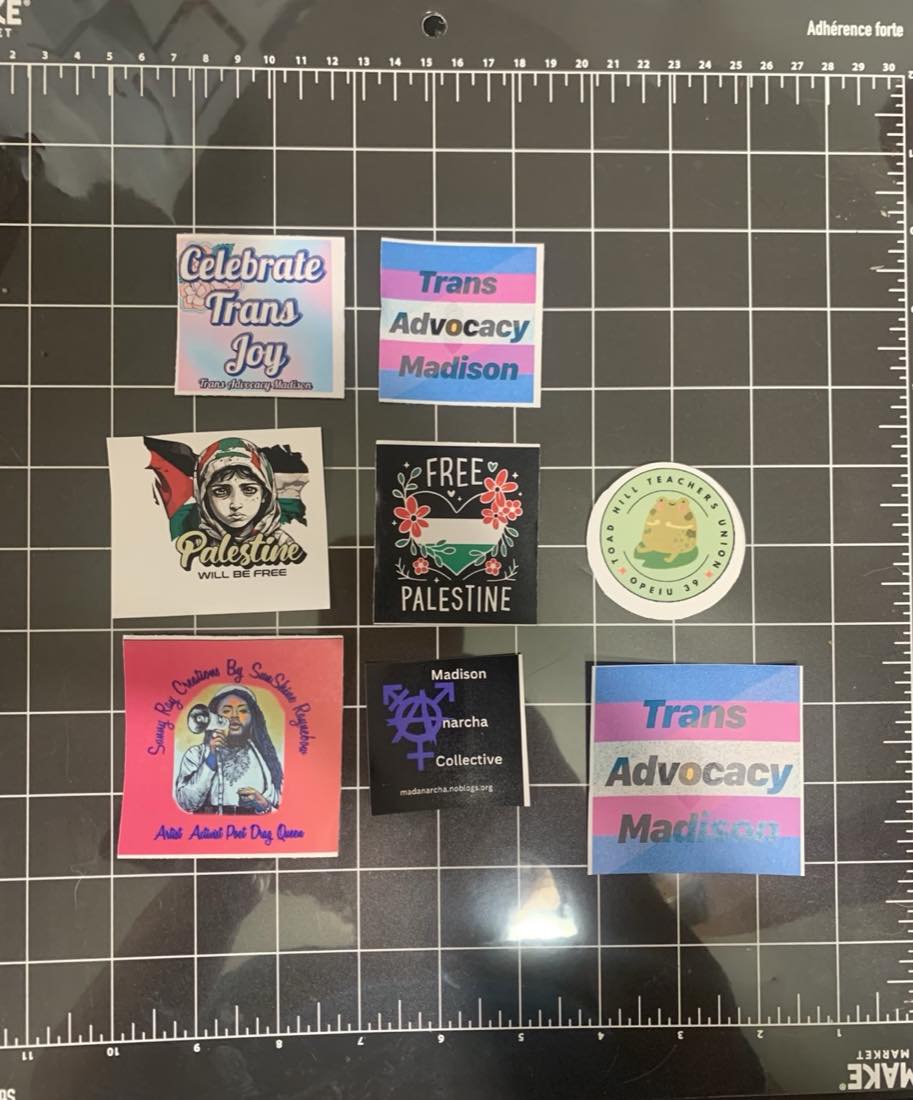Nine finished vinyl stickers laid out on a cutting mat: a Celebrate Trans Joy design, two Trans Advocacy Madison flag stickers, two Palestine solidarity designs, a round Toad Hill Teachers Union OPEIU 39 frog sticker, a mutual aid collective sticker, and a pink promo sticker for a drag artist.